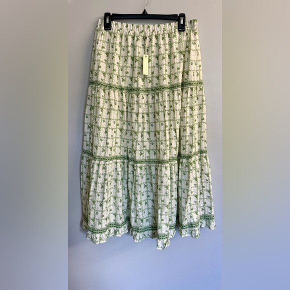 NWT Max Studio London Boho Lined Maxi Skirt Green & White Floral Women Sz L - Picture 1 of 8